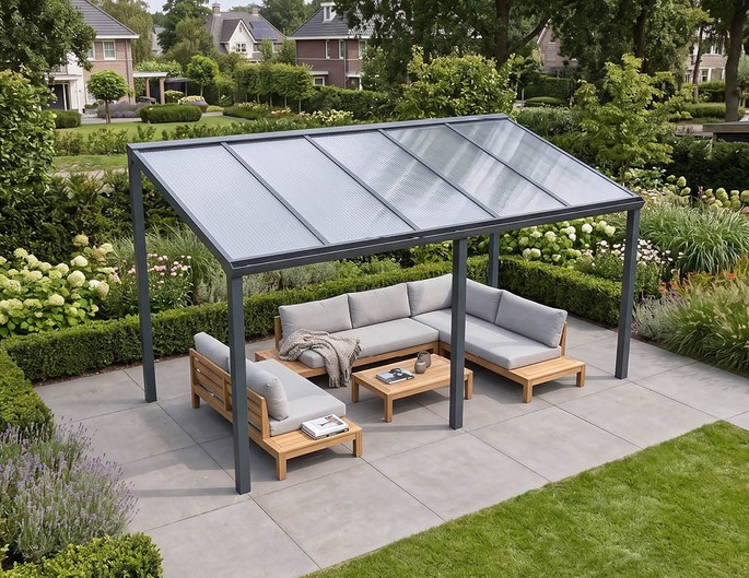 300 x 400 cm aluminium terrasoverkapping "Trendline" vrijstaand met twinwall platen