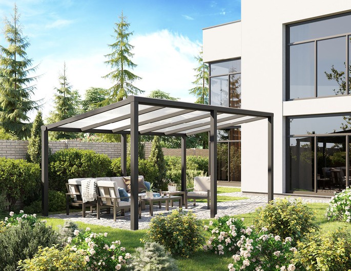 300 x 400 cm aluminium terrasoverkapping "Trendline" vrijstaand met twinwall platen
