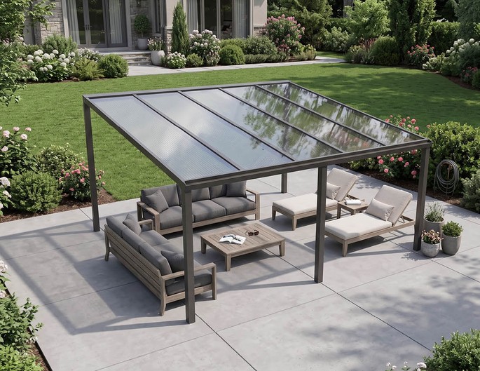 300 x 400 cm aluminium terrasoverkapping "Trendline" vrijstaand met twinwall platen
