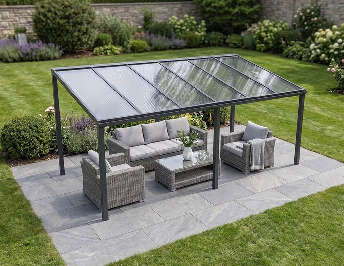 300 x 400 cm aluminium terrasoverkapping "Trendline" vrijstaand met twinwall platen