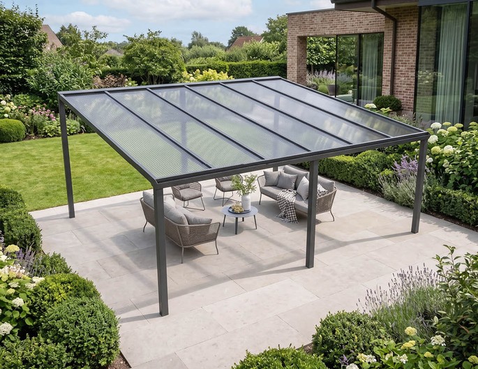 300 x 400 cm aluminium terrasoverkapping "Trendline" vrijstaand met twinwall platen