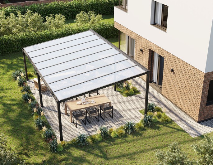 300 x 400 cm aluminium terrasoverkapping "Trendline" vrijstaand met twinwall platen