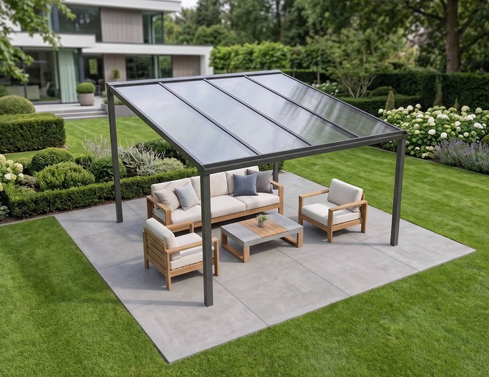 300 x 400 cm aluminium terrasoverkapping "Trendline" vrijstaand met twinwall platen