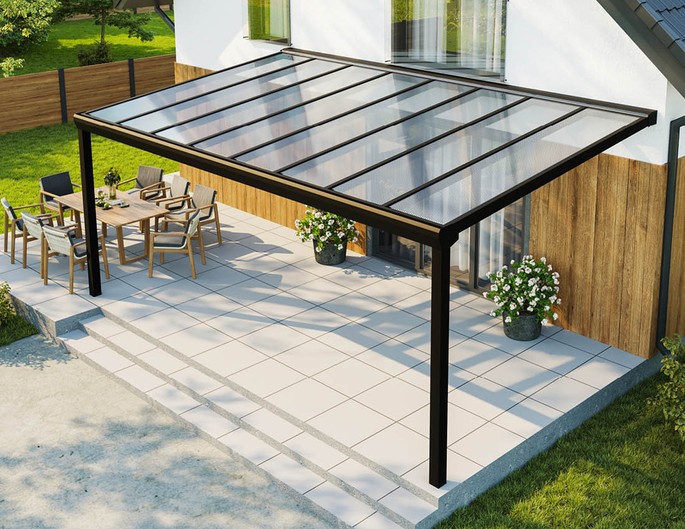 Terrassenüberdachung Alu Topline 600x350 cm anthrazit mit Stegplatten. McTerrasse
