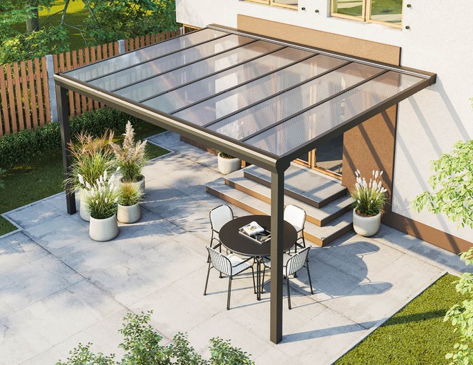 Terrassenüberdachung Alu Topline 500x350 cm anthrazit mit Stegplatten. McTerrasse