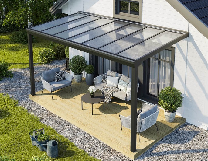 Terrassenüberdachung Alu Topline 5x3 m anthrazit mit Stegplatten. McTerrasse