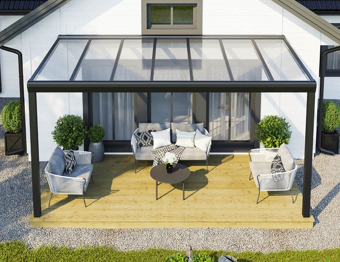 Terrassenüberdachung Alu Topline 500x250 cm anthrazit mit Stegplatten. McTerrasse