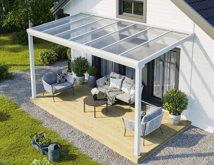 Terrassenüberdachung Alu Topline 500x200 cm weiß mit Stegplatten. McTerrasse