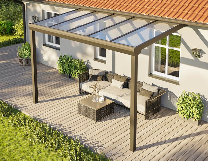 Terrassenüberdachung Alu Topline 4x2,5 m anthrazit mit Stegplatten. McTerrasse