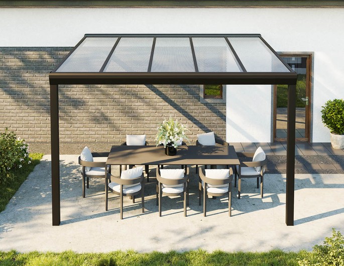 Terrassenüberdachung Alu Topline 4x3 m anthrazit mit Stegplatten. McTerrasse