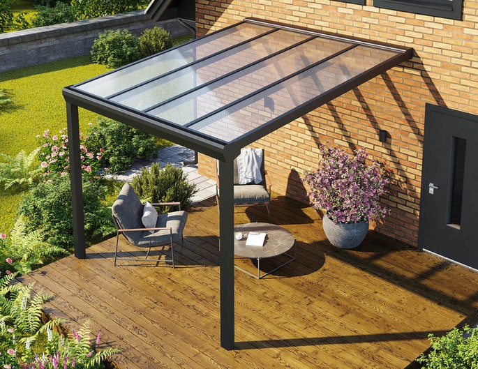 Alu Überdachung Topline 3x3,5 m anthrazit mit Stegplatten. McTerrasse