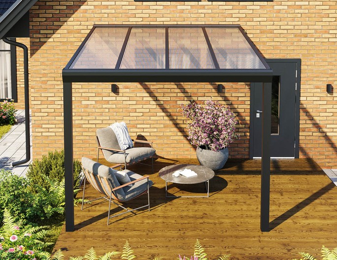 Alu Überdachung Topline 300x300 cm anthrazit mit Stegplatten. McTerrasse