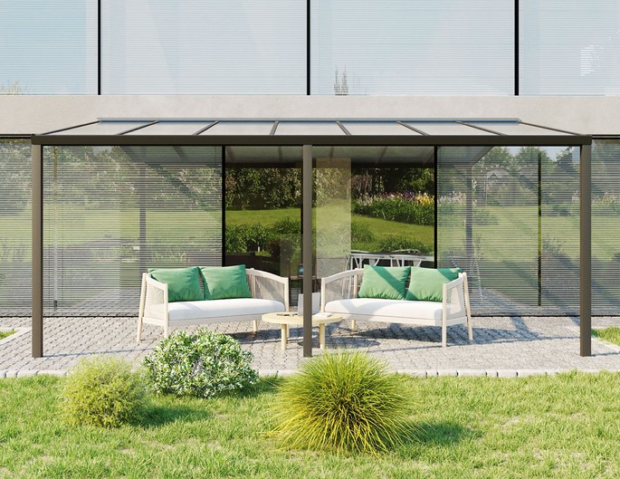 Terrassenüberdachung Alu 7x4 m anthrazit mit Stegplatten. McTerrasse