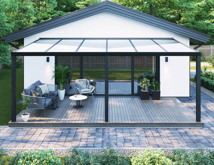 Alu Überdachung 600x350 cm anthrazit mit Stegplatten. McTerrasse