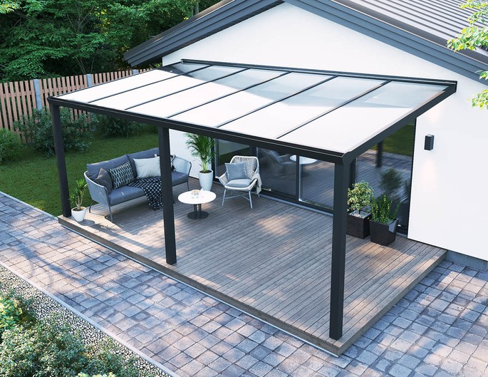 Terrassenüberdachung Alu 6x3 m anthrazit mit Stegplatten. McTerrasse