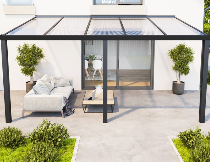 Terrassenüberdachung Alu 5x2,5 m anthrazit mit Stegplatten. McTerrasse