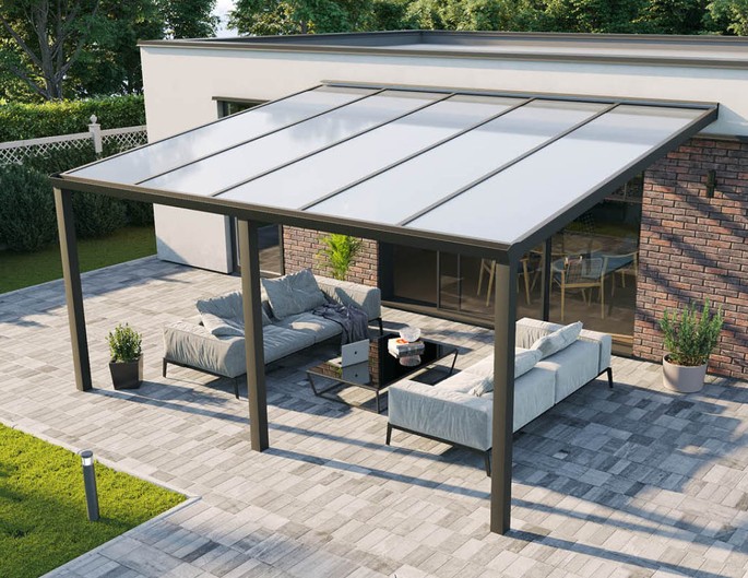 Terrassenüberdachung Alu 5x4 m anthrazit mit Stegplatten. McTerrasse