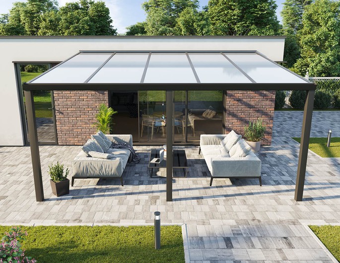 Terrassenüberdachung Alu 5x4,5 m anthrazit mit Stegplatten. McTerrasse