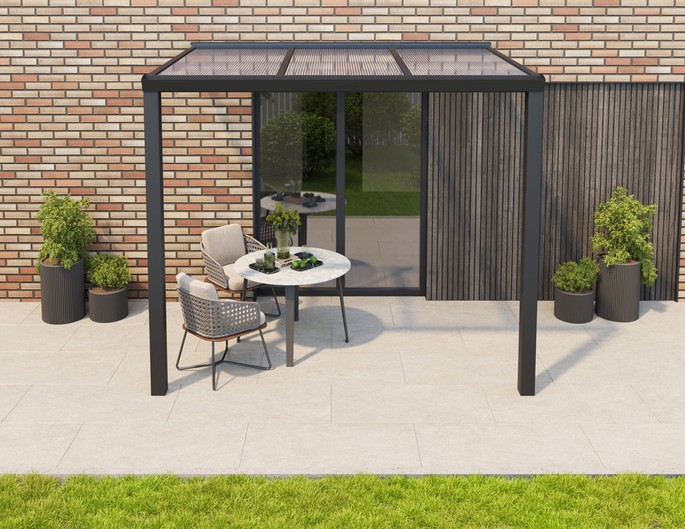 Terrassenüberdachung Alu 3x3 m anthrazit mit Stegplatten. McTerrasse