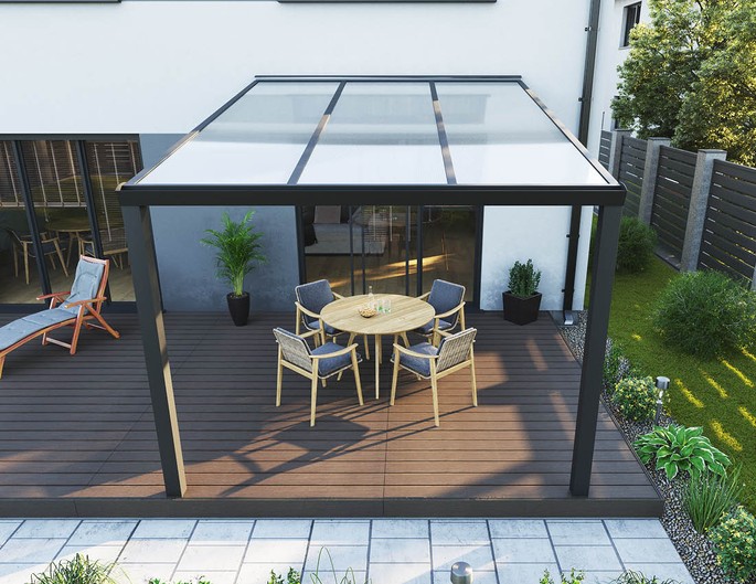 Terrassenüberdachung Alu 3x3,5 m anthrazit mit Stegplatten. McTerrasse