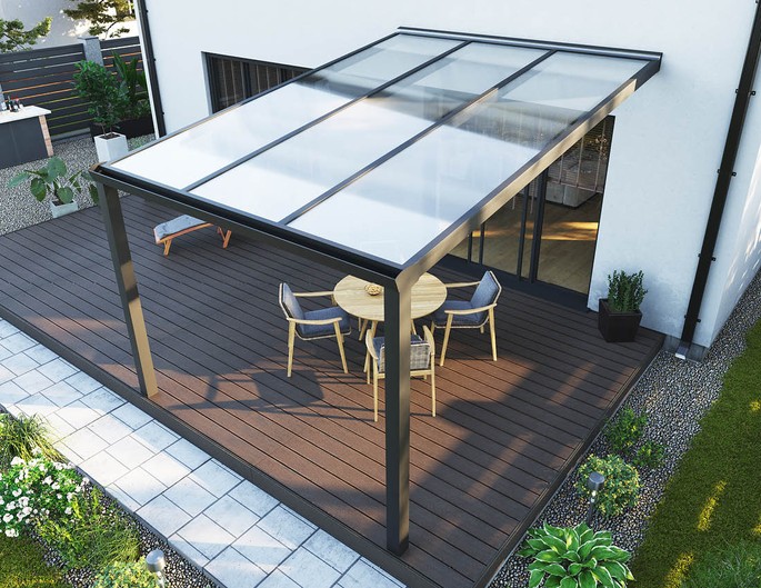 Terrassenüberdachung Alu 3x4 m anthrazit mit Stegplatten. McTerrasse