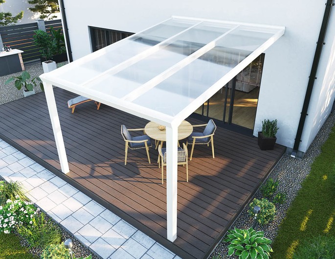 Terrassenüberdachung Alu 300x450 cm weiß mit Stegplatten. McTerrasse