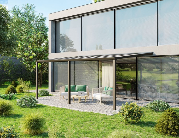 Terrassenüberdachung Alu 500x300 cm anthrazit mit VSG-Glas. McTerrasse