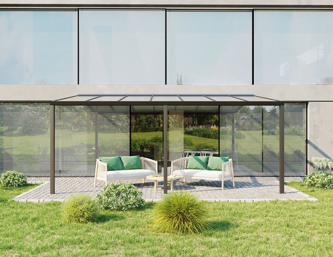 Terrassenüberdachung Alu 500x400 cm anthrazit mit VSG-Glas. McTerrasse