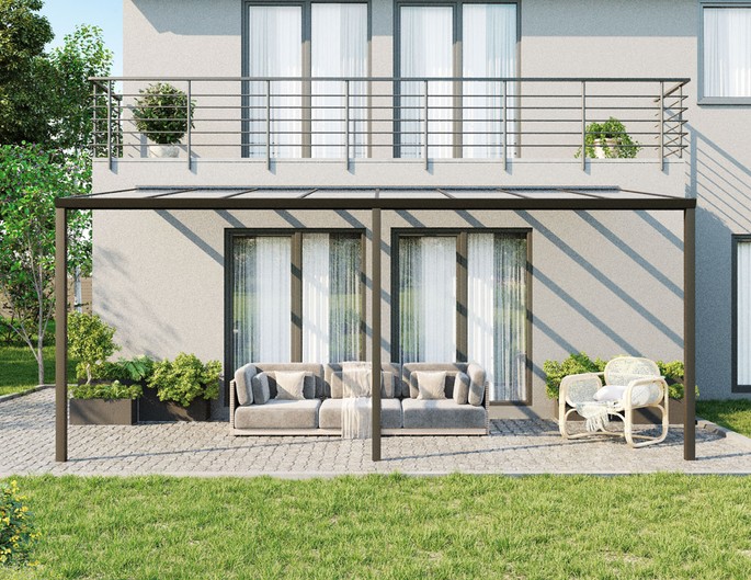 Terrassenüberdachung Alu 6x3,5 cm anthrazit mit VSG-Glas. McTerrasse