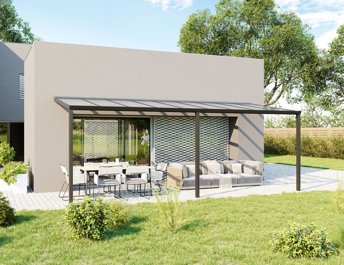 Terrassenüberdachung Alu 7x2 m anthrazit mit VSG-Glas. McTerrasse