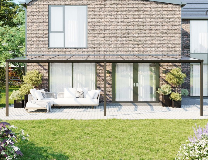 Terrassenüberdachung Alu 8x3 m anthrazit mit VSG-Glas. McTerrasse