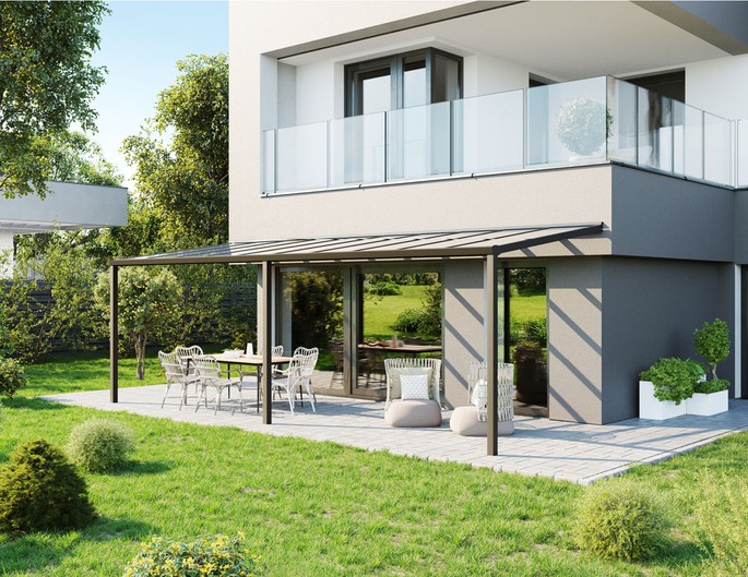 Terrassenüberdachung Alu 8x2 m anthrazit mit VSG-Glas. McTerrasse