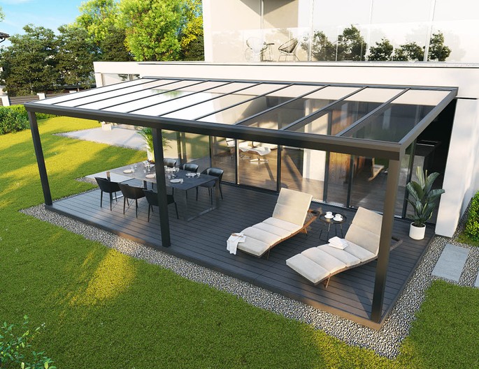 Terrassenüberdachung Alu Topline 800x350 cm anthrazit mit VSG-Glas McTerrasse