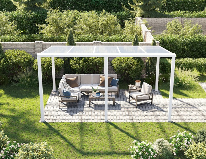Terrassenüberdachung Alu freistehend 5x4 m weiß mit Stegplatten. McTerrasse