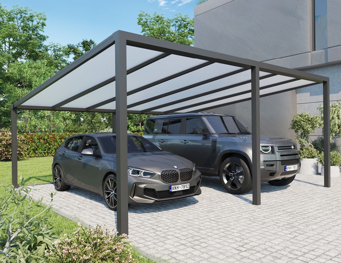 Carport Aluminium freistehend 600x500 cm anthrazit mit Stegplatten. McTerrasse