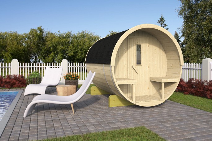 Barrelsauna Jomala 250x190cm, incl. banken en dakshingles