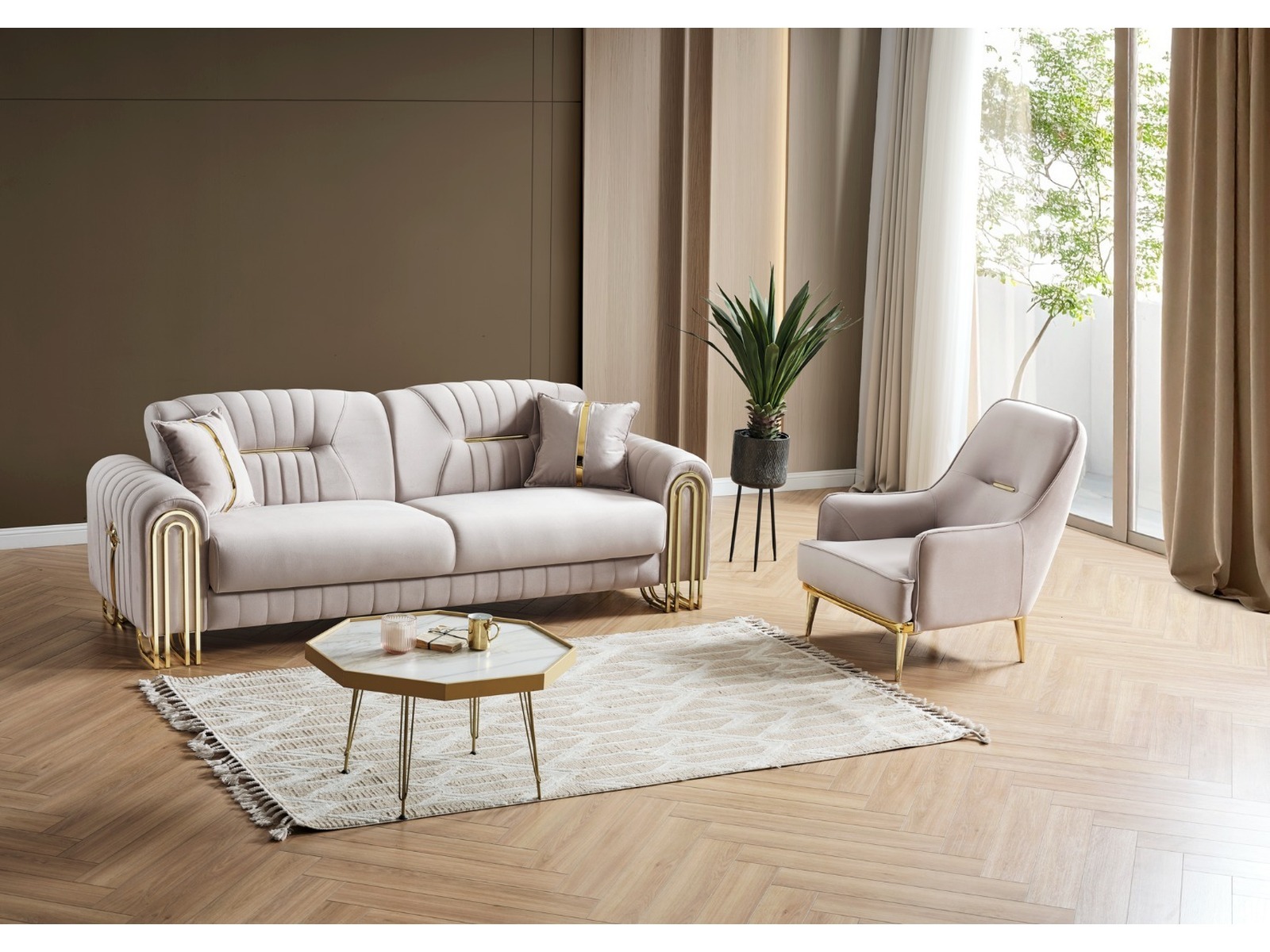 Bogota Sofa Set Beige mit aufklappbarer Schlaffunktion
