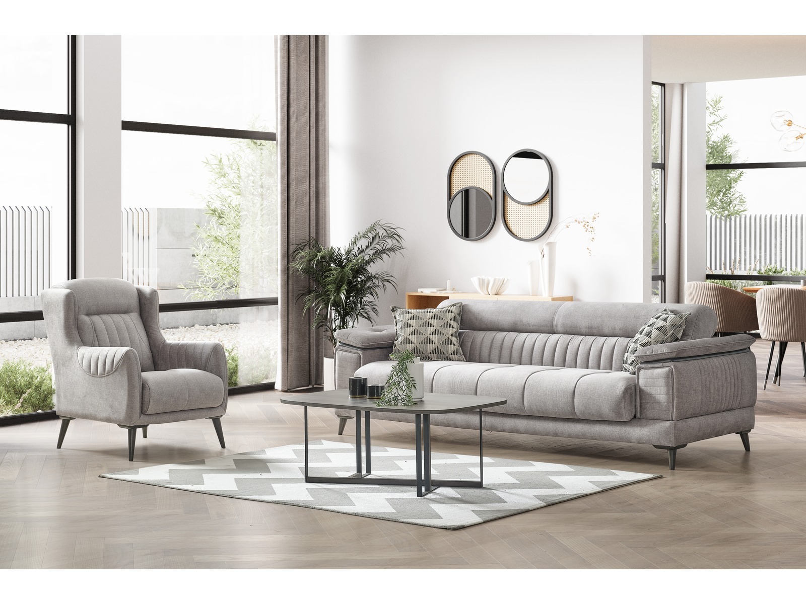 Baoshi Sofa Set Greige mit aufklappbarer Schlaffunktion
