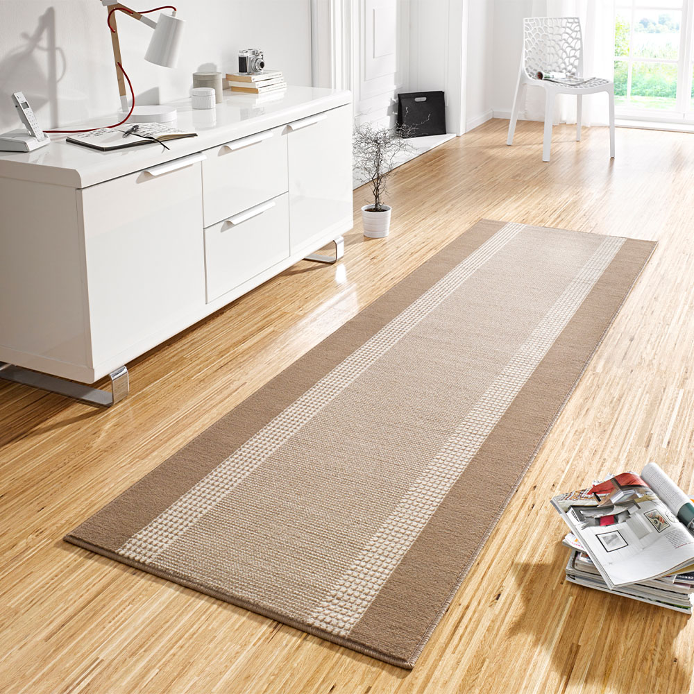 Kurzflor Teppich Läufer Band Creme Beige