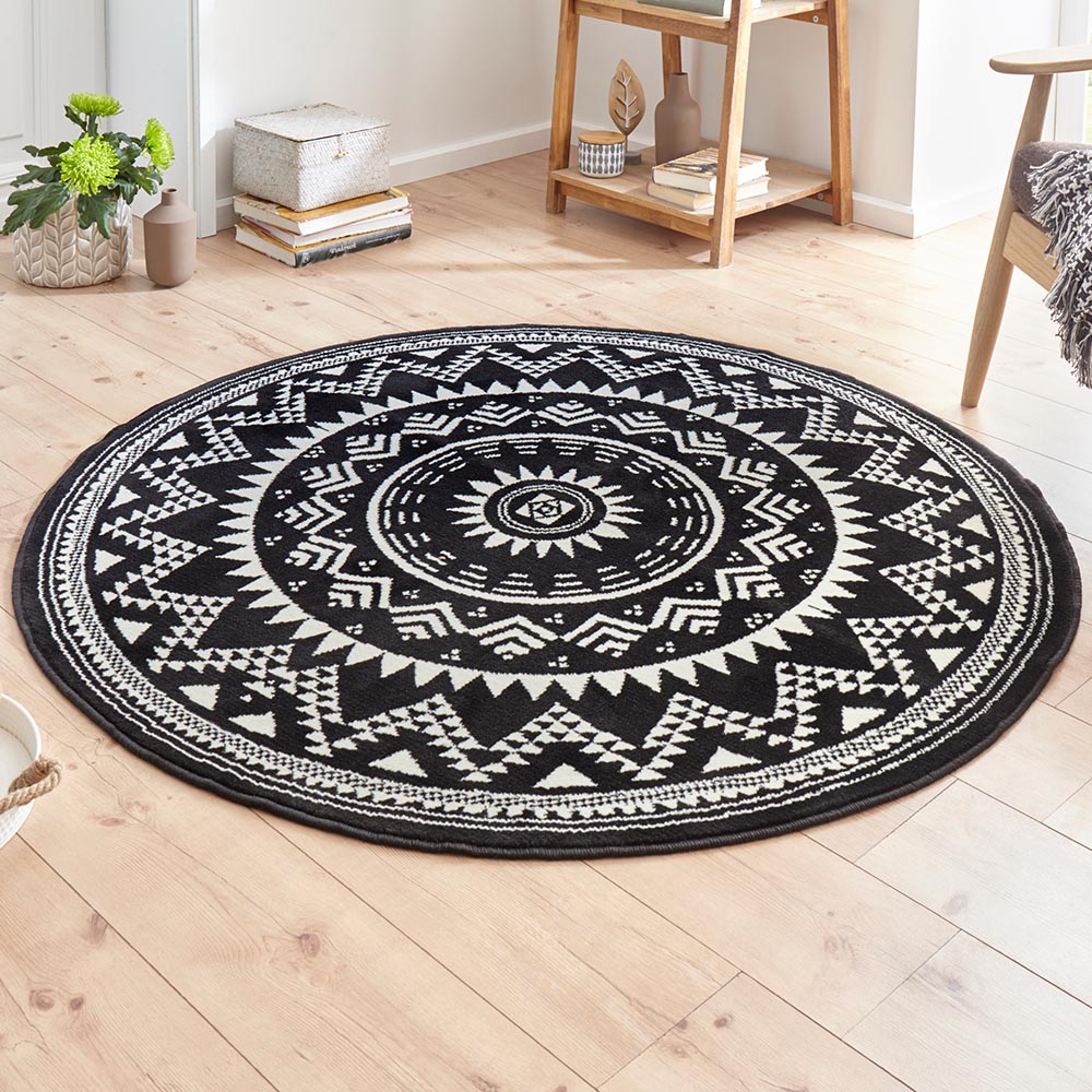 Kurzflor Teppich Valencia Schwarz Creme Rund