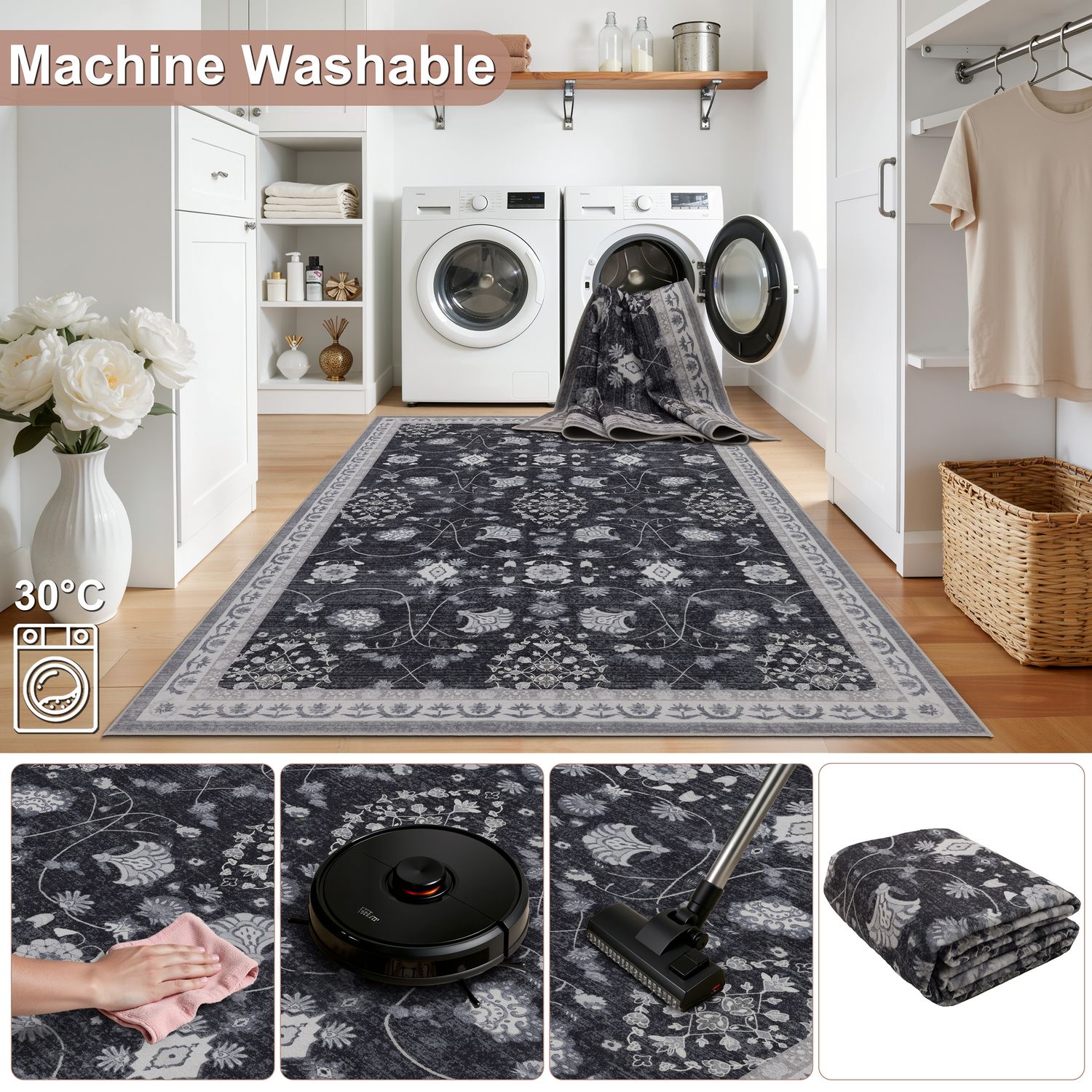 Kurzflor Teppich Inka 1146 Schwarz, rund – waschbar