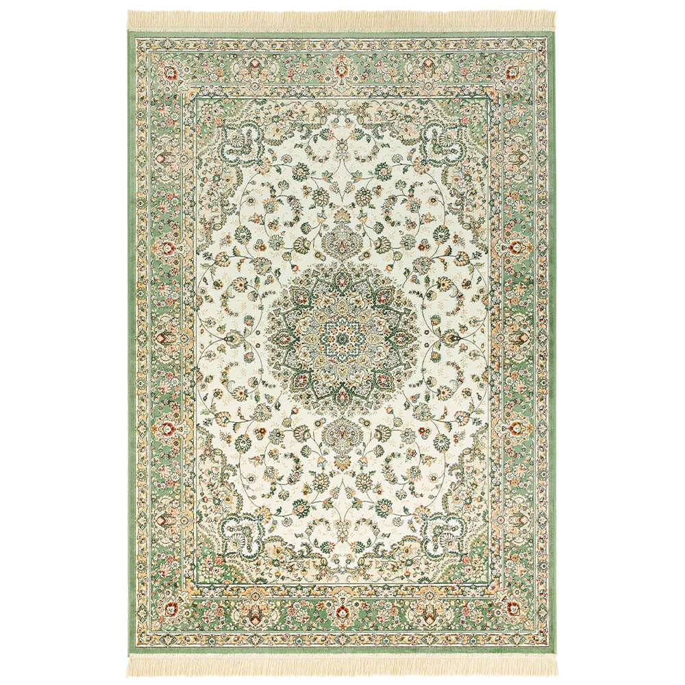 Orientalischer Samt-Teppich Fransen Antik Nain Ivory Grün