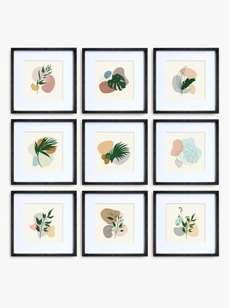 Square Gallery Wall Frame Set with Botanical Prints - Black