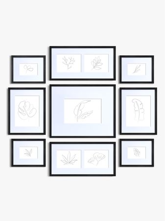 Wood 9-piece frame set with floral line prints - Black