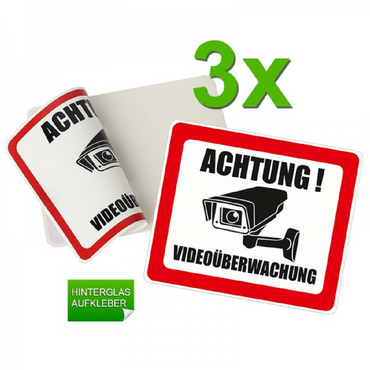 ACHTUNG! Videoüberwachung Hinterglasaufkleber (3er-Pack)