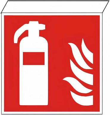 Fahnenschild  "Feuerlöscher nach ISO 7010 / F 001 z.B zur DECKENMONTAGE , Kunststoff Langnachleuchtend  / KN KNS ECO SERIE, Größe :200 x 200 x 25 (Montagefläche) mm