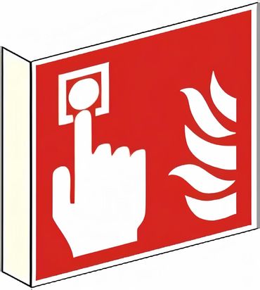 Fahnenschild Brandmelder nach ISO 7010 / F 005 , zweiseitig bedruckt mit 2 Symbolen Brandmelder - versch. Varianten - Wandmontage