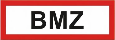 Brandschutzschild auf selbstklebender HQ-Folie , mit Text " BMZ ", Größe 297 x 105 mm , 2-farbiger Siebdruck , rückseitig geschlitzt , flach