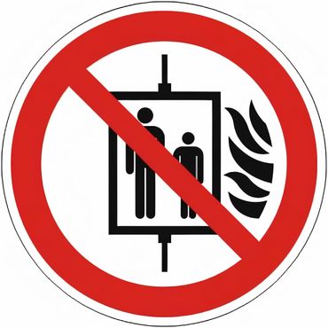 Brandschutzzeichen mit Symbol nach ISO 7010 / P020 - " Aufzug im Brandfall nicht benutzen" - 100 x 100mm oder 200 x 200mm