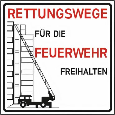 Kombischild mit Text und Symbol Leiterwagen: " Rettungswege für die Feuerwehr freihalten " , Kunststoff 3 mm, 500 x 500 mm, flach